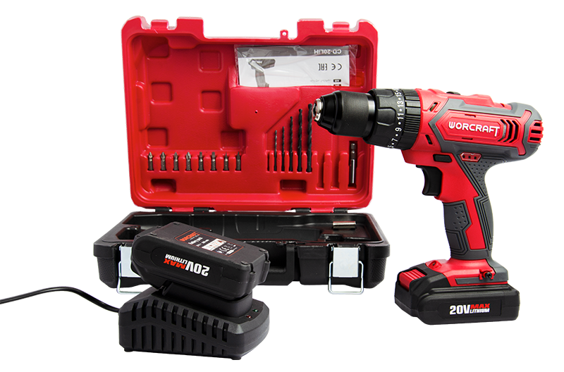 Комплект акумуляторного шуруповерта WORCRAFT CD-20LiH з кейсом, зарядним пристроєм і акумулятором.