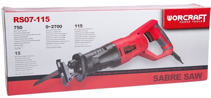 Упаковка сабельной пилы WORCRAFT RS07-115 с изображением инструмента и основными характеристиками.