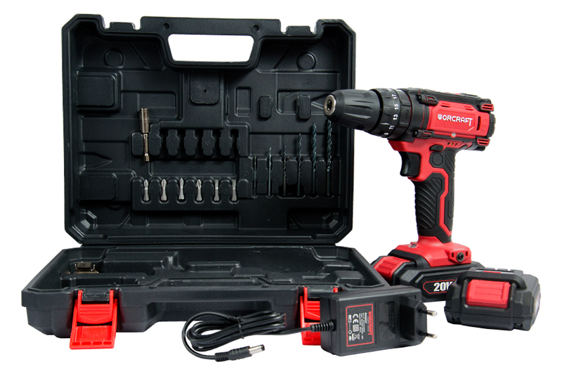 Комплект шуруповерта WORCRAFT CD-20LiP: інструмент, кейс, акумулятори та зарядний пристрій.