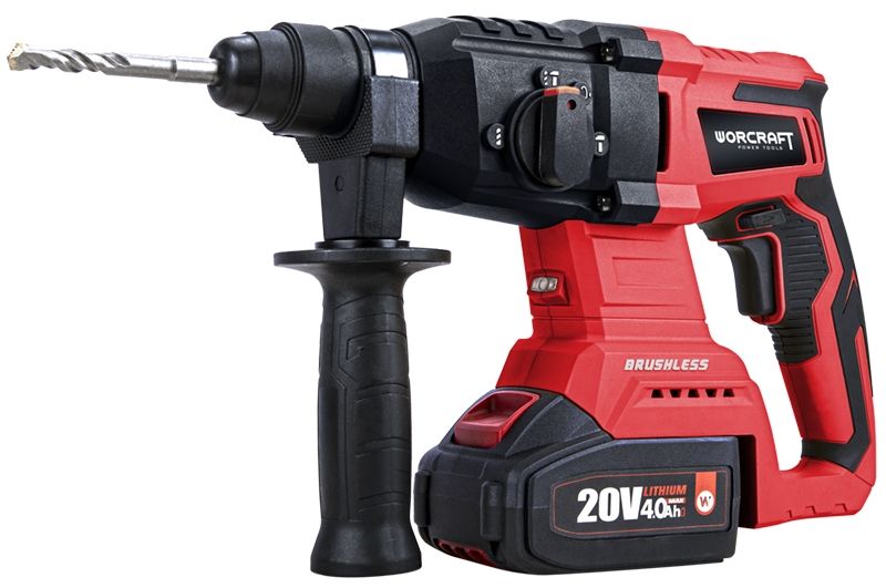 Перфоратор WORCRAFT CRH-S20LiBAM с установленным буром, вид сбоку.