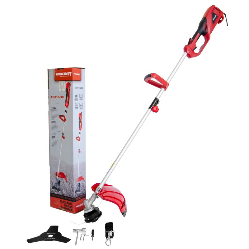 Комплектация триммера WORCRAFT: триммер, коробка, насадки и аксессуары.