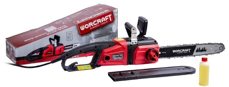 Комплект електропили WORCRAFT WCE-2616: пила, захисний кожух, масло та упаковка.