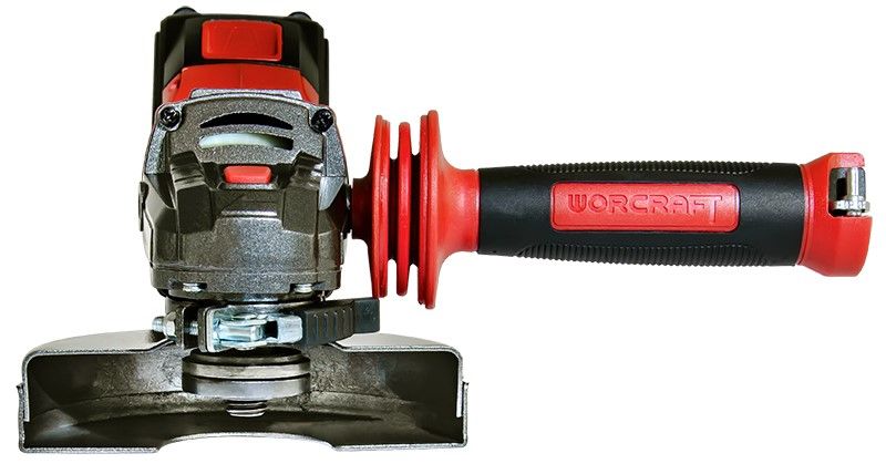 Угловая шлифмашина WORCRAFT CAG-S20LIB-125 с аккумулятором, вид сбоку.