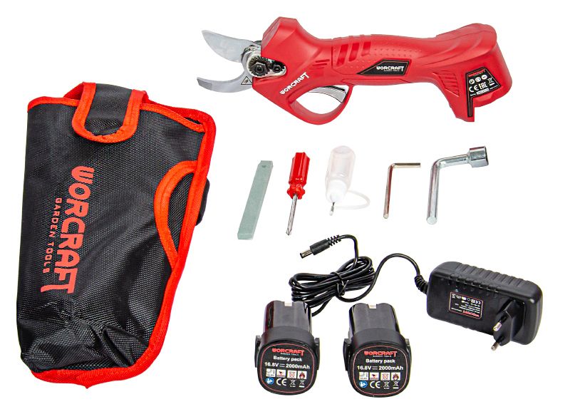 Полный комплект поставки WORCRAFT CSC-16LiB: секатор, два аккумулятора, зарядное устройство и инструменты в сумке.