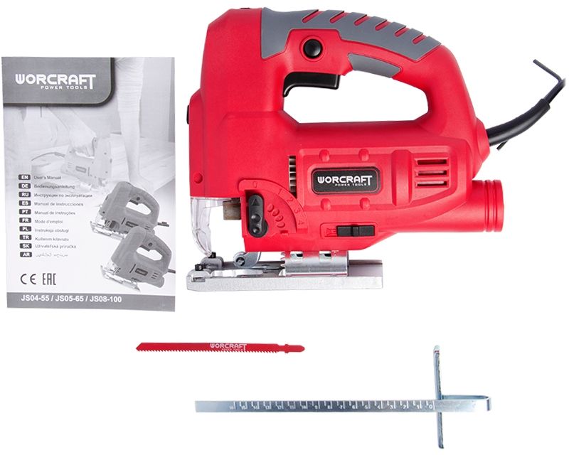 Лобзик WORCRAFT JS08-100 с инструкцией, пилкой и направляющей в комплекте.