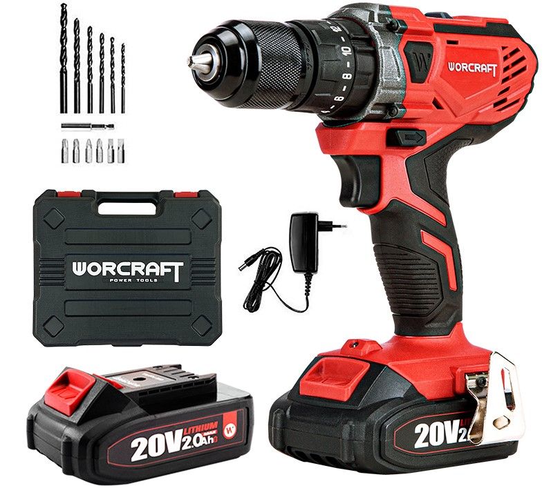 Комплект WORCRAFT CHD-S20LiWB с аккумуляторами, зарядным устройством и набором сверл.