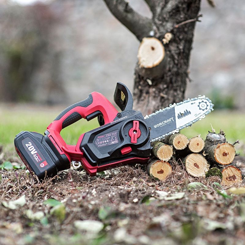 Пилка WORCRAFT CGC-S20LiB на фоні дерева та зрізаних гілок.