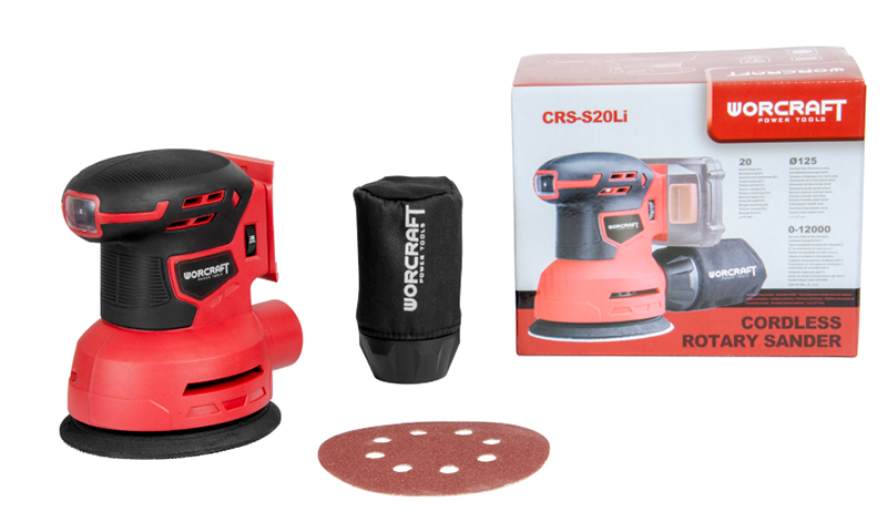 Повний комплект шліфмашини WORCRAFT CRS-S20Li з коробкою, змінними насадками та пилозбірником.