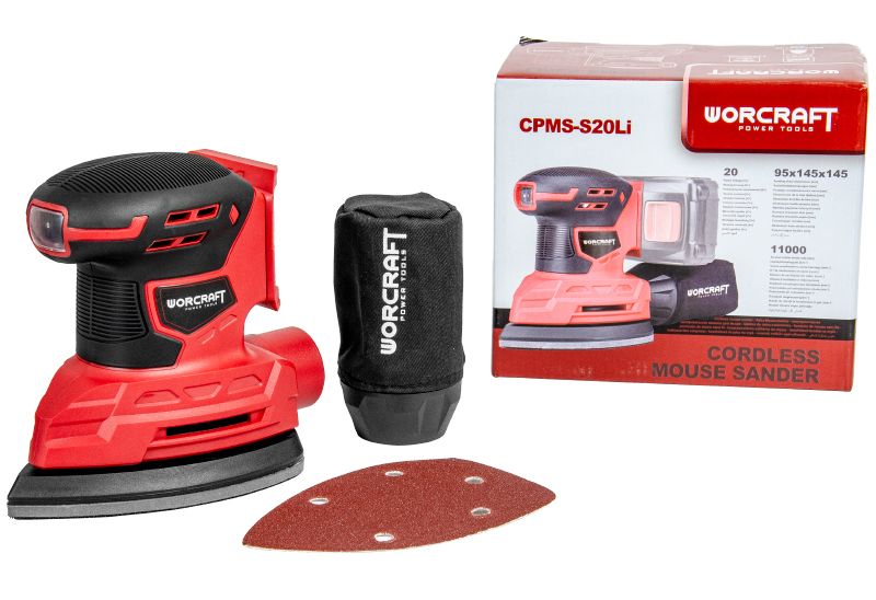 Комплект поставки WORCRAFT CPMS-S20Li: шлифмашина, пылесборник, наждачная бумага и упаковка.