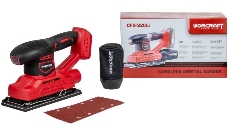 Комплект WORCRAFT CFS-S20Li: шлифмашина, пылесборник, наждачная бумага и коробка.