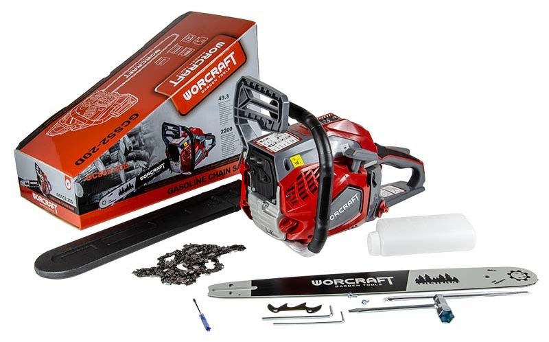 Комплект бензопили WORCRAFT GCS52-20D: пила, коробка, шина, ланцюг і інструменти.