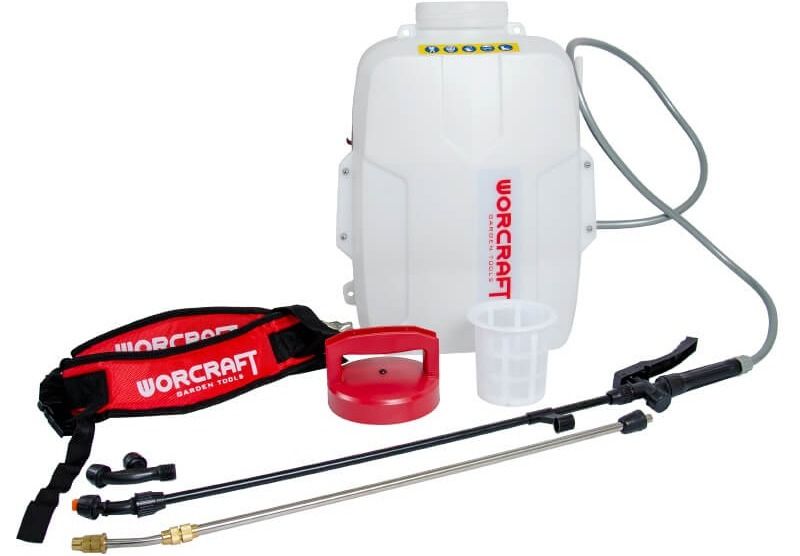 Полный комплект аккумуляторного опрыскивателя WORCRAFT CBS-S20LI с насадками и шлангом.