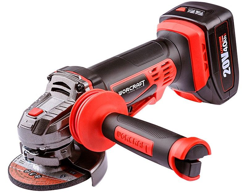 Общий вид аккумуляторной угловой шлифмашины WORCRAFT CAG-S20Li-125 с аккумулятором.