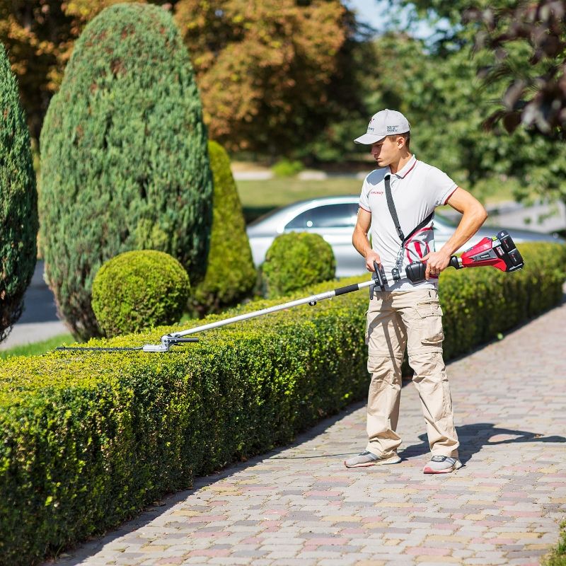 Мужчина подстригает живую изгородь с помощью аккумуляторного триммера WORCRAFT с насадкой-кусторезом серии CGT-S40Li.