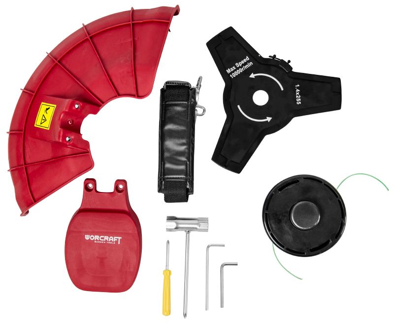 Комплектация триммера WORCRAFT с насадками и ключами