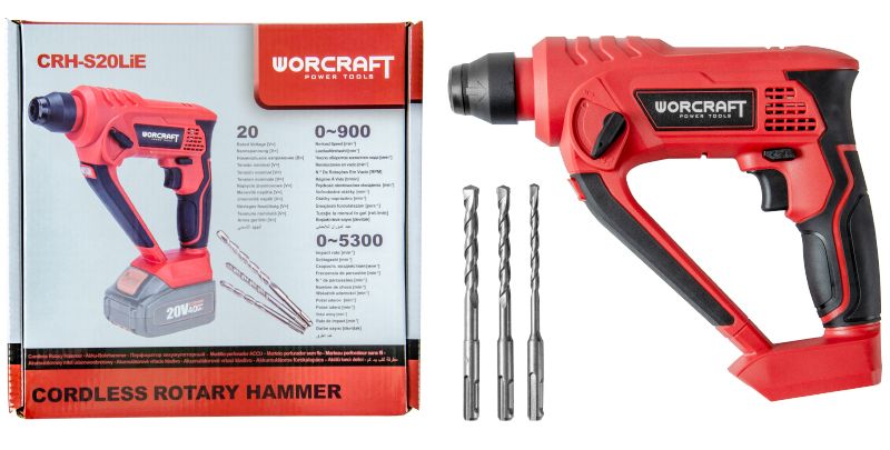 Полный комплект аккумуляторного перфоратора WORCRAFT CRH-S20LiE с коробкой, насадками и инструкцией.