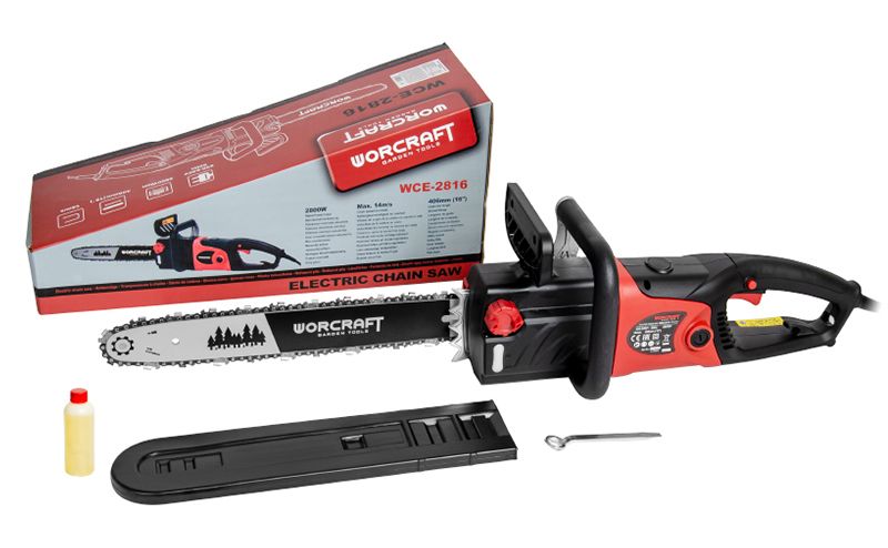 Комплектация электрической пилы WORCRAFT: пила, шина, цепь и упаковка.