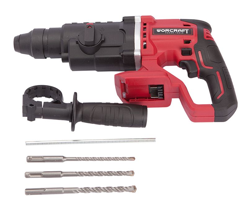 Комплектация аккумуляторного перфоратора WORCRAFT CRH-S20LiT с буром и насадками.