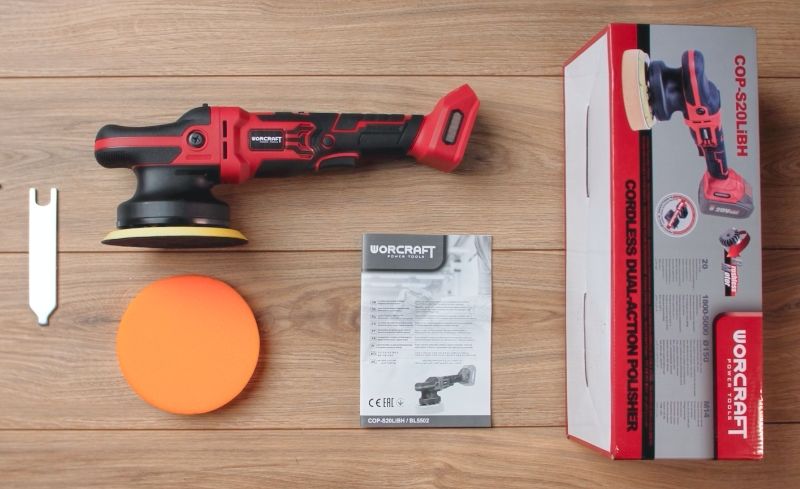 Комплектация аккумуляторной полировальной машины WORCRAFT COP‑S20LiBH.