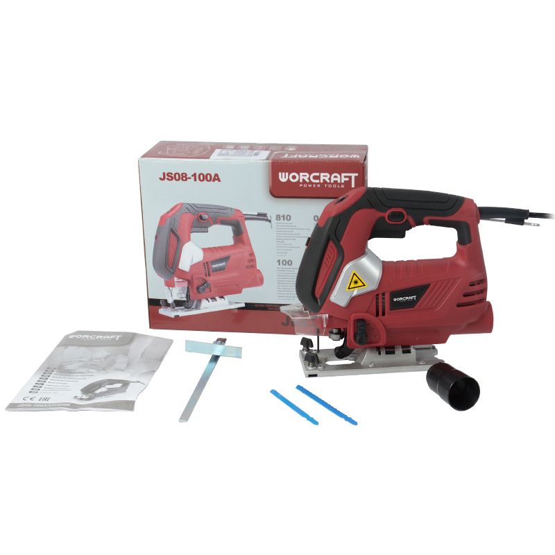 Комплект WORCRAFT JS08-100A: лобзик, коробка, направляющая, пилки и инструкция.