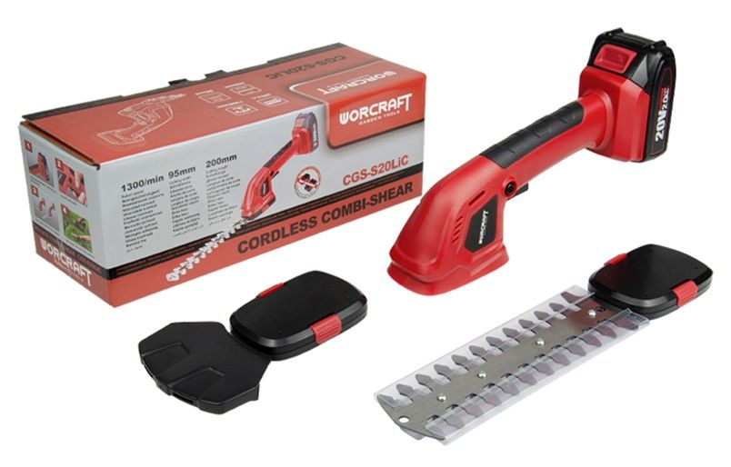 Комплект аккумуляторных садовых ножниц WORCRAFT CGS-S20LiC с упаковкой и аксессуарами.