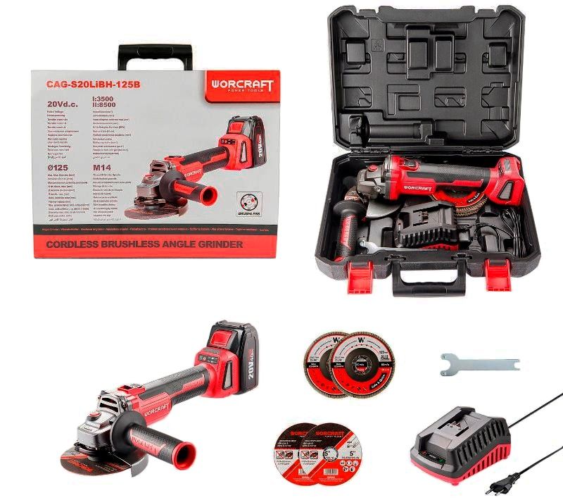 Комплектация WORCRAFT CAG-S20LIBH‑125B: шлифмашина, аккумулятор, зарядка и диски