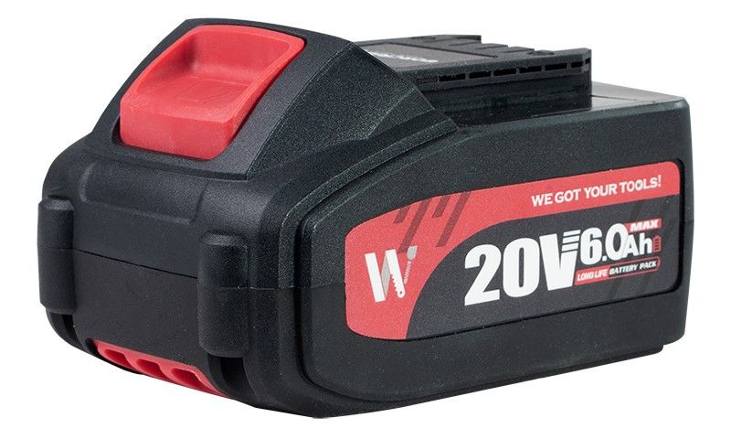 Аккумулятор WORCRAFT CLB-20V-6.0HC крупным планом на рабочем столе.
