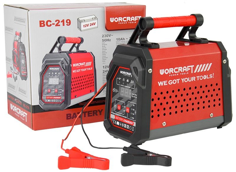 Комплектация зарядного устройства WORCRAFT BC-219 с коробкой