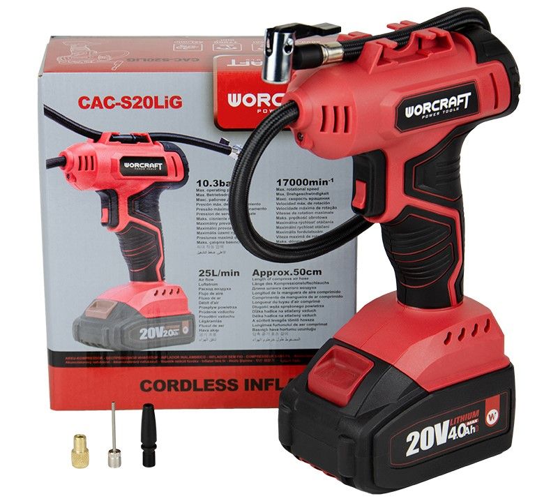 Компрессор WORCRAFT с комплектом насадок и коробкой.