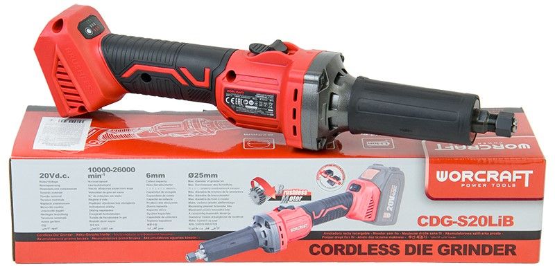 Прямая шлифмашина WORCRAFT CDG‑S20LiB в упаковке с характеристиками.