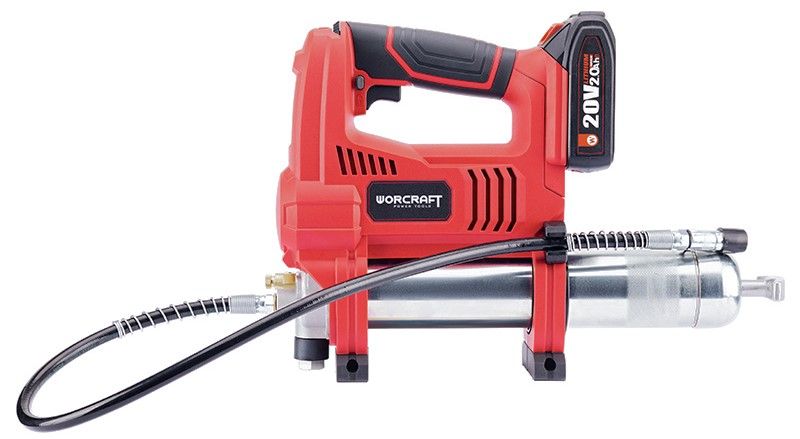 Боковой вид шприца WORCRAFT с аккумулятором и шлангом