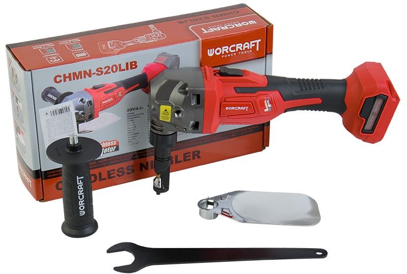 Комплект аккумуляторных высечных ножниц WORCRAFT CHMN-S20LiB с коробкой и аксессуарами.