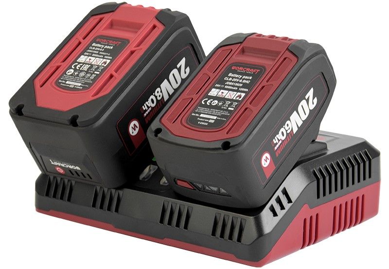 Двойное быстрое зарядное устройство WORCRAFT CLC-20V-4.5D с двумя установленными аккумуляторами.