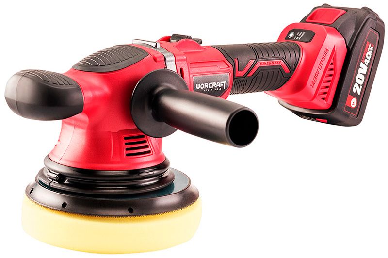 Аккумуляторная полировальная машина WORCRAFT COP-S20LiB в рабочем положении с насадкой для полировки.