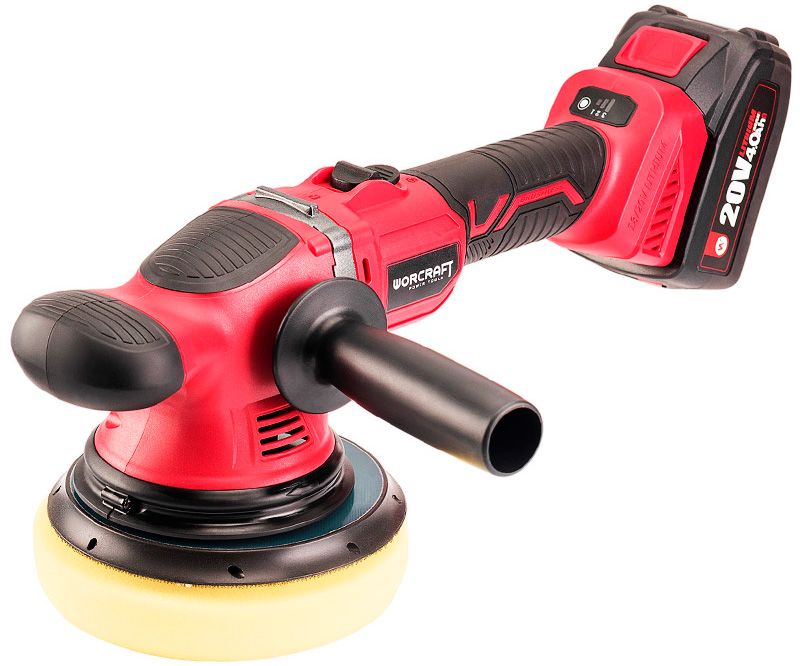 Аккумуляторная полировальная машина WORCRAFT COP-S20LiB с дополнительной рукояткой и аккумулятором.