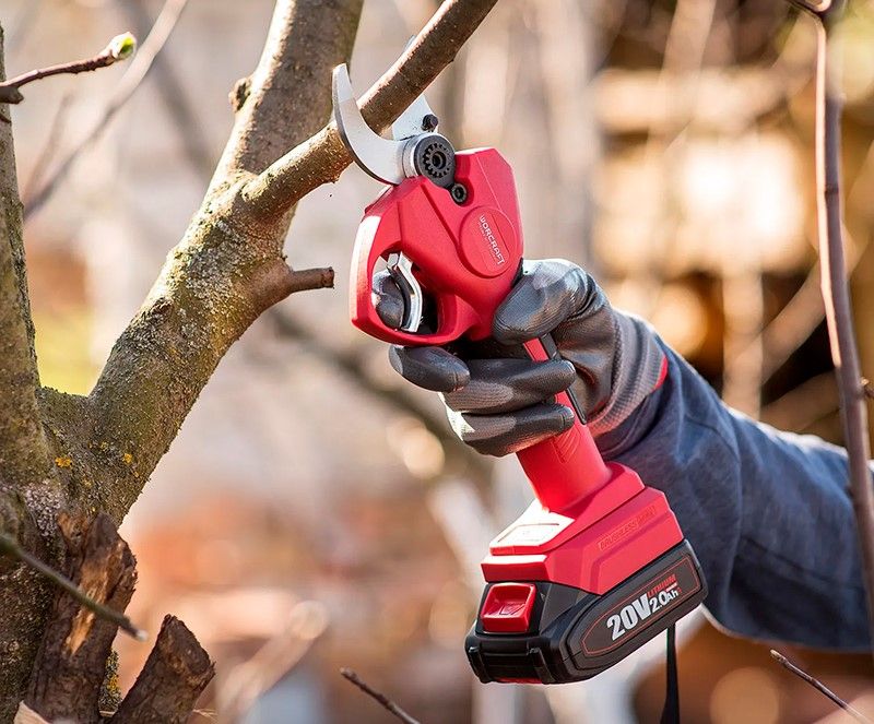 Пользователь обрезает толстую ветку аккумуляторным секатором WORCRAFT.