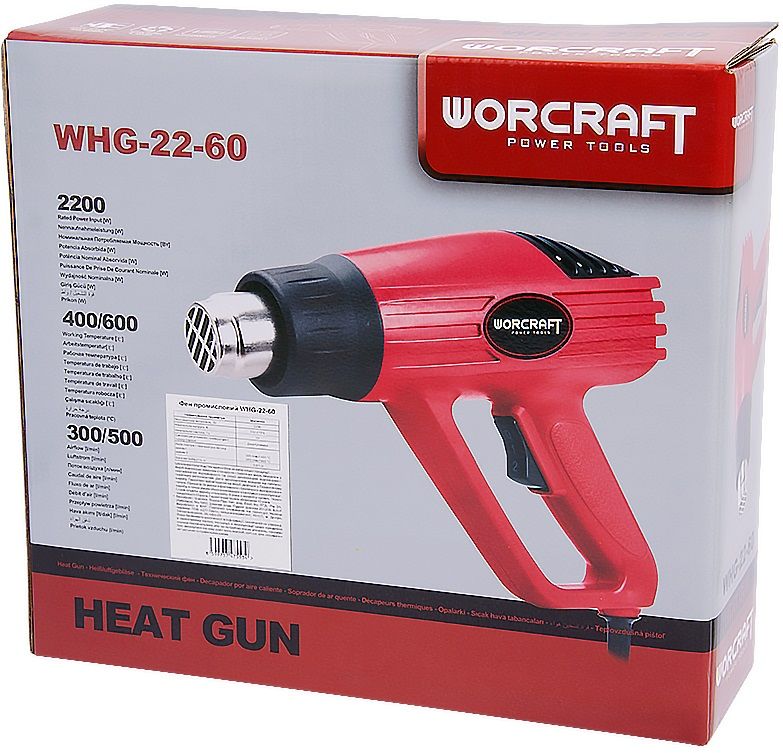 Упаковка промышленного фена WORCRAFT с характеристиками на коробке.