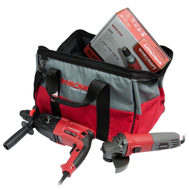 Нейлоновая сумка WORCRAFT WTFTB-01, наполненная инструментами и коробкой, предназначена для хранения и транспортировки электроин