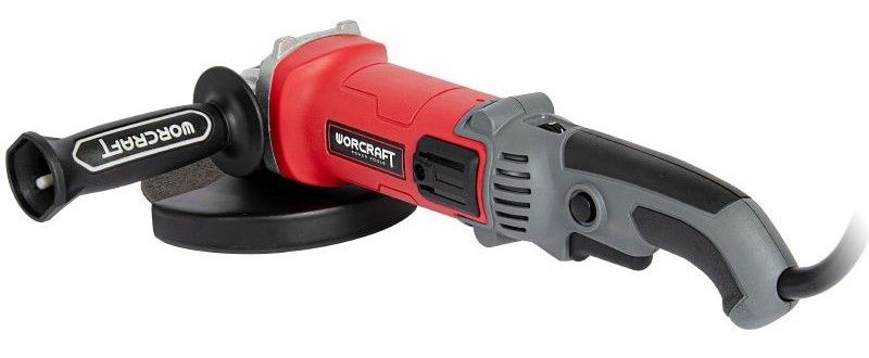 Угловая шлифмашина WORCRAFT AG14-150S — вид сбоку с установленным диском и удобной рукояткой.