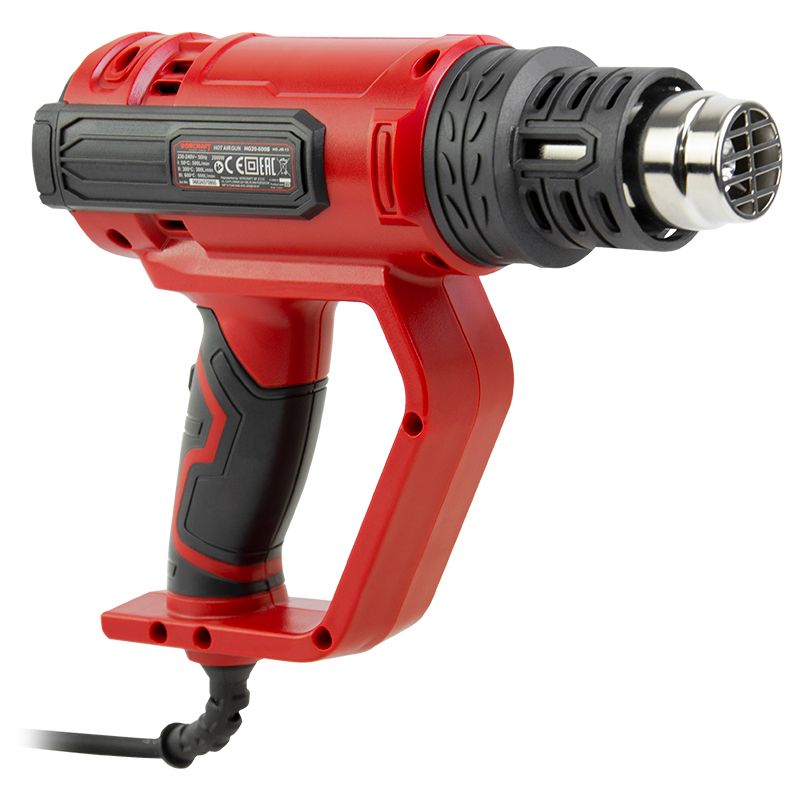 Промисловий фен WORCRAFT HG20-600B — загальний вигляд з насадкою та кабелем.