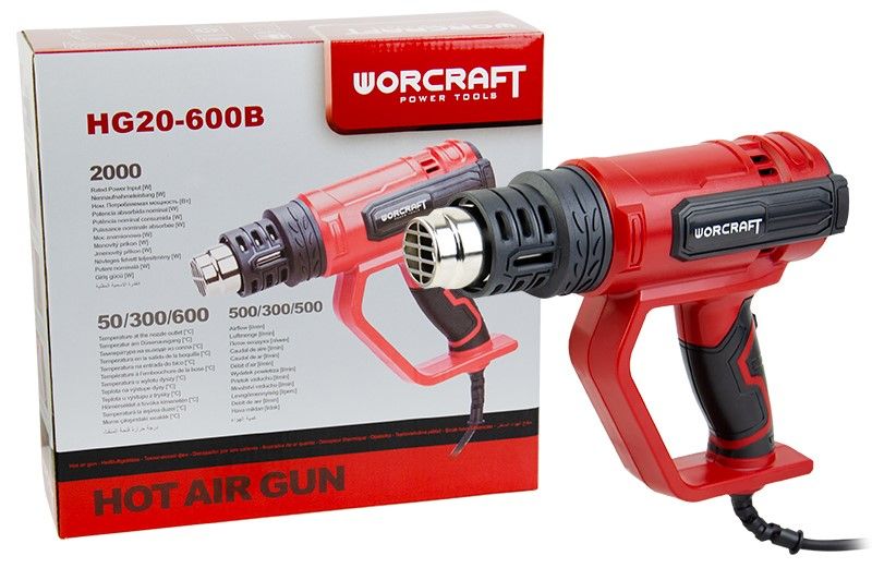 Комплект промислового фена WORCRAFT HG20-600B з коробкою та кабелем живлення.