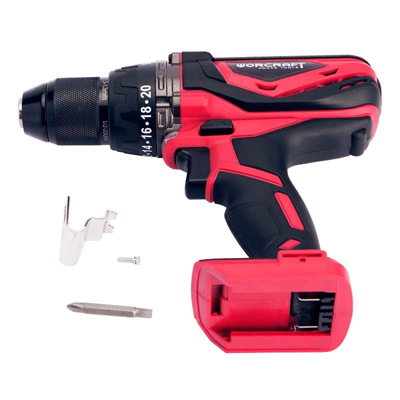 Аккумуляторный шуруповерт WORCRAFT CHD-S20Li с аксессуарами на белом фоне.