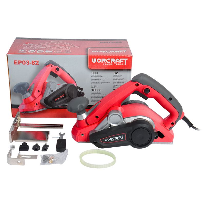 Комплектація електричного рубанка WORCRAFT EP03-82 з коробкою та аксесуарами.