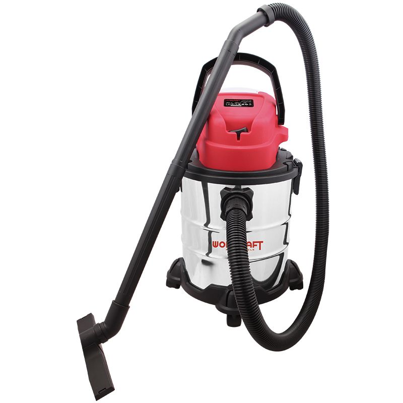 Вид пылесоса WORCRAFT CVC-S20Li-20L на белом фоне с насадкой и шлангом.